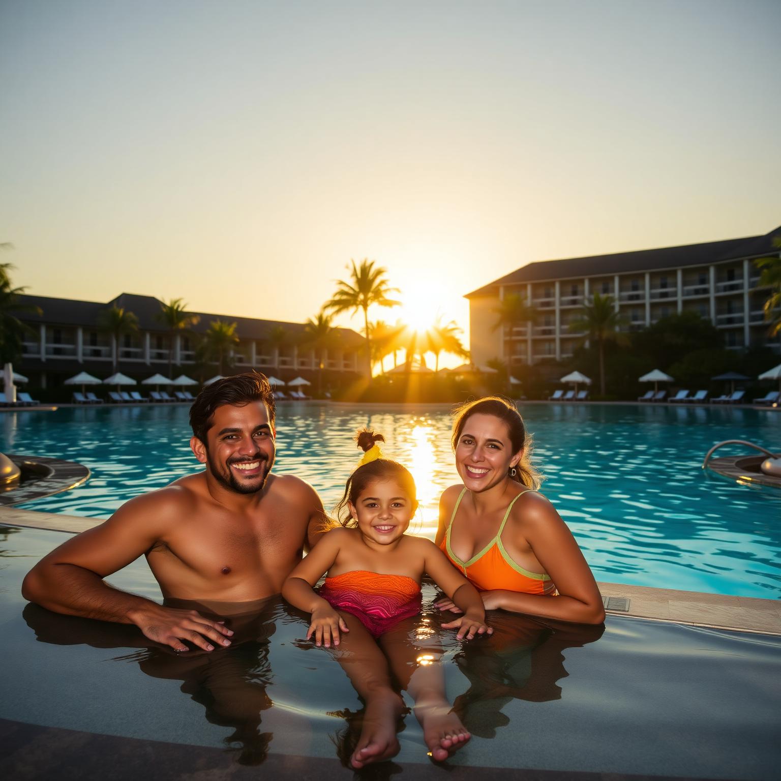 Família feliz aproveitando piscina de resort Clube Candeias